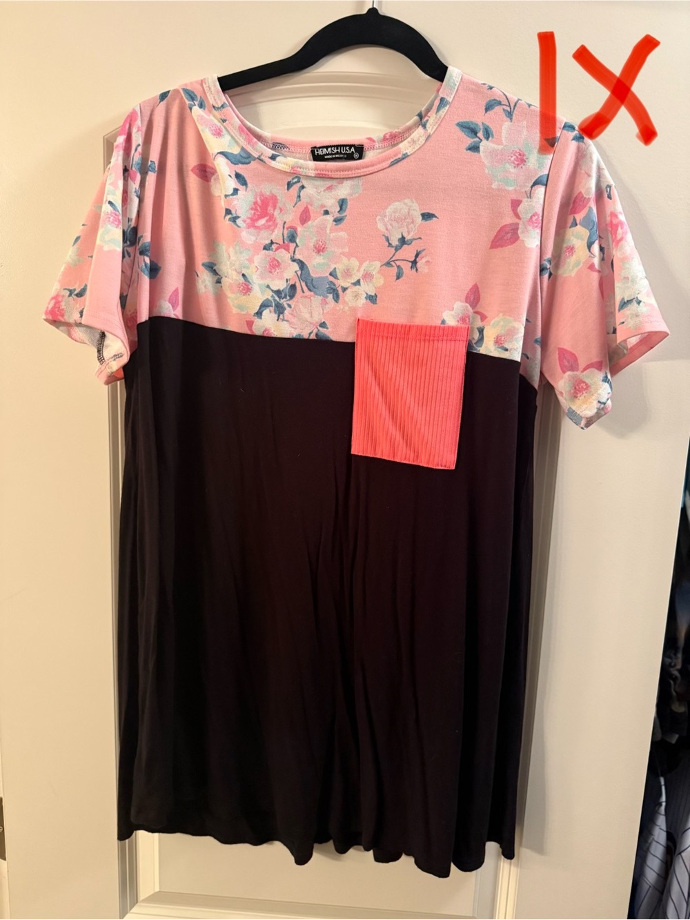 HEIMISH USA Pink Floral & Black shirt with Coral Pocket